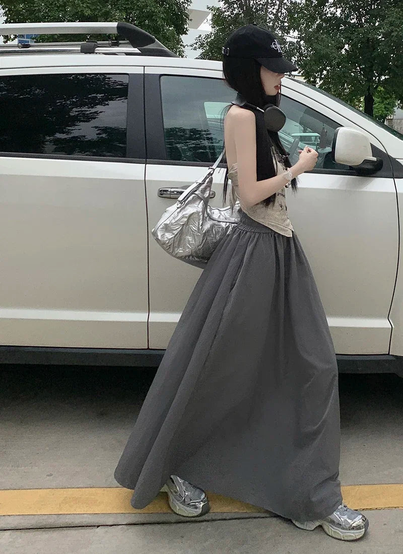 Chic Women Pockets A-Line Long Skirts Ladies Casual Loose Elastic High Waist Midi Skirt 2024 Spring Summer