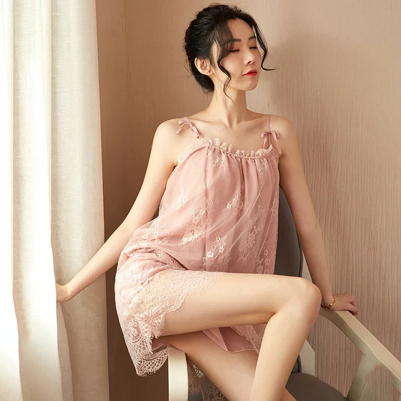 Women's Lace Trim Sling Nightdress – Sleeveless Satin-Feel Sleepwear Mini Dress