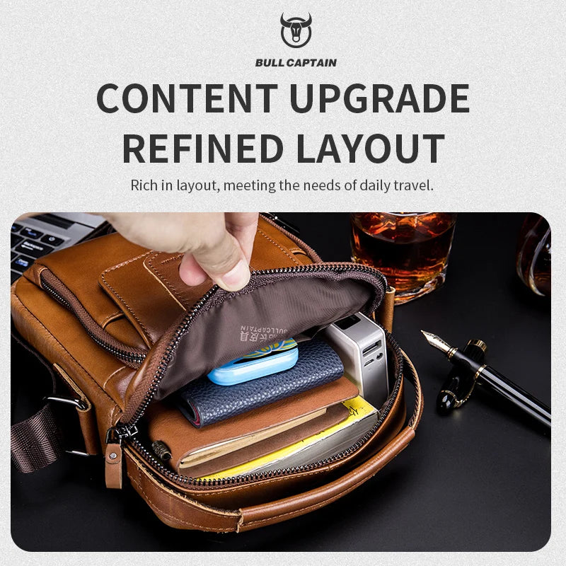 Bullcaptain men's large capacity shoulder bag, leather men's bag, casual crossbody bag, retro handbag