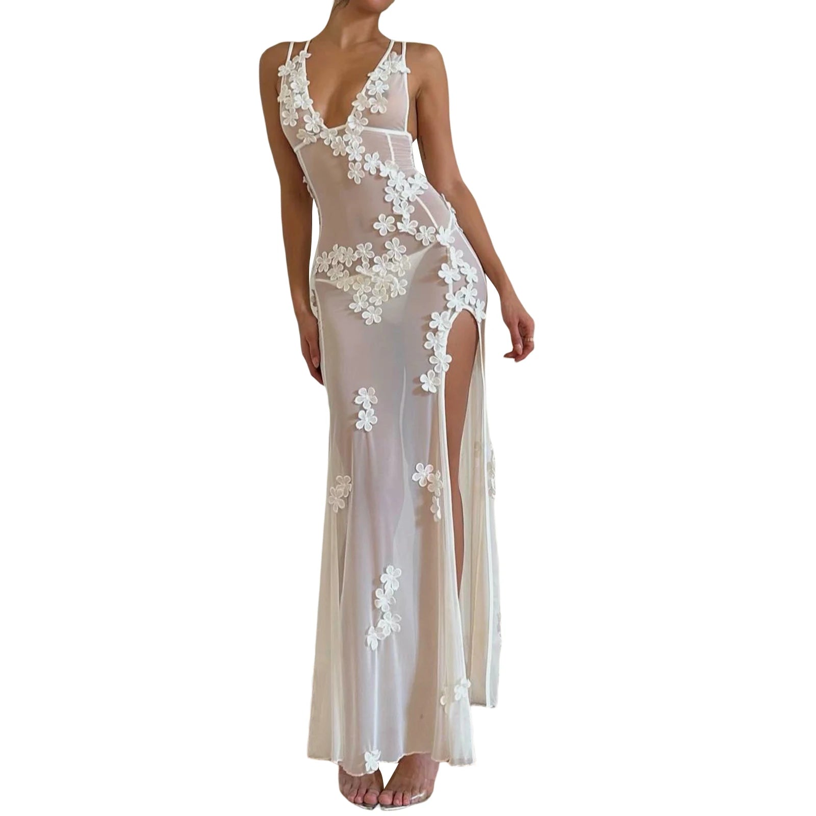 Sexy Sheer Mesh Sleeveless Dress Summer V Neck Flower Slit Party Dress for Cocktail Beach Club Streetwear Women Fashion Clothing