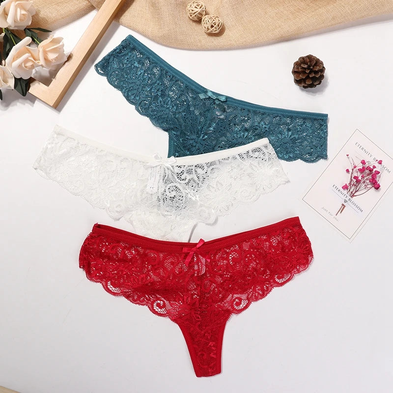 Women's Lace Thong Panties Brazilian Cut Low Waist Sexy See Through Lingerie Hollow Out Comfortable Elastic Underwear