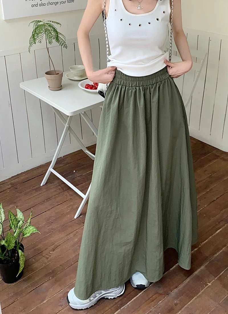 Chic Women Pockets A-Line Long Skirts Ladies Casual Loose Elastic High Waist Midi Skirt 2024 Spring Summer