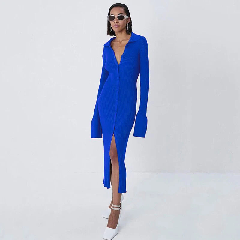 Flare Sleeve Knitted Dress Women Y2K Autumn Winter Sexy Slim Green Midi Dress American Single Breasted Streetwear Club Vestidos