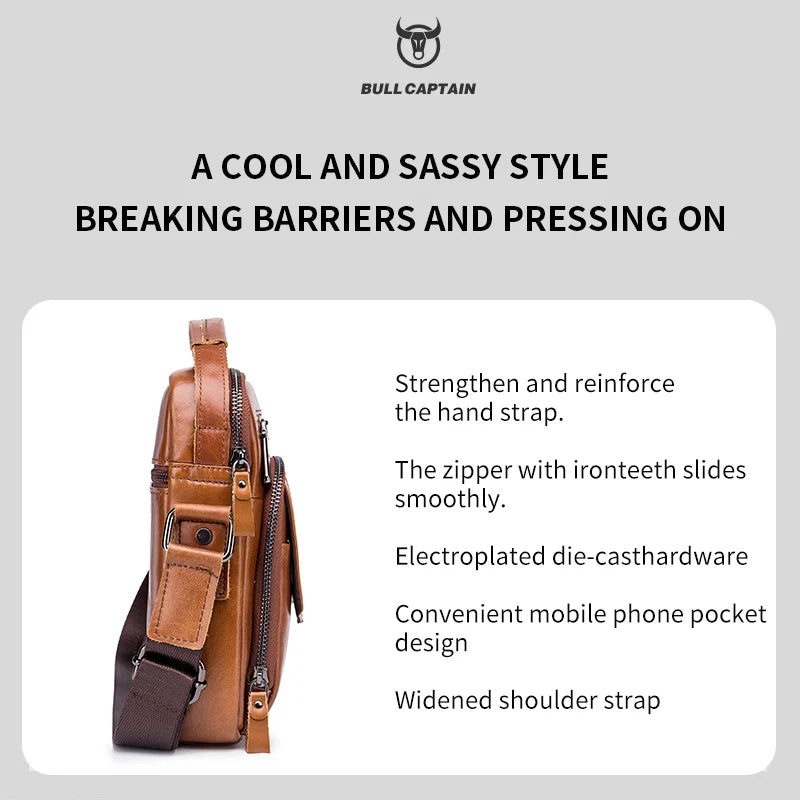 Bullcaptain men's large capacity shoulder bag, leather men's bag, casual crossbody bag, retro handbag