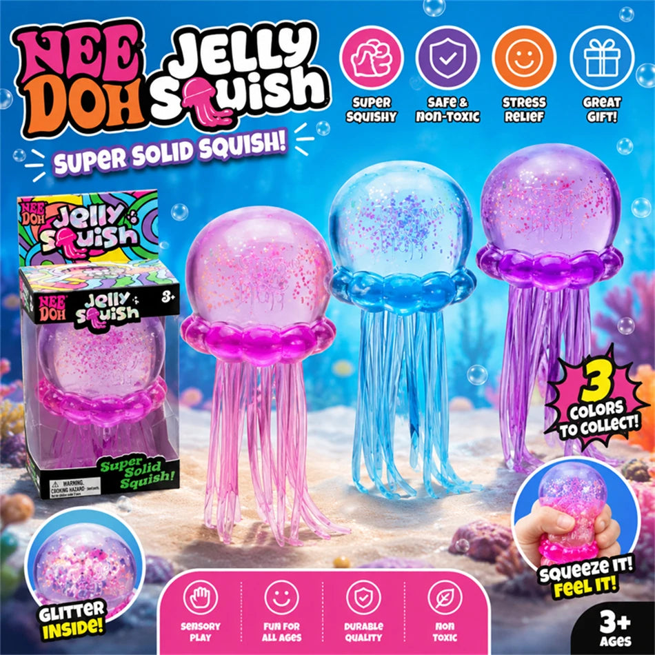 Trending Nee Doh Jellyfish & Cube Squish Toy, Soft Jelly Squeeze Stress Relief Fidget Toy, Sensory NeeDoh for Kids & Adults New