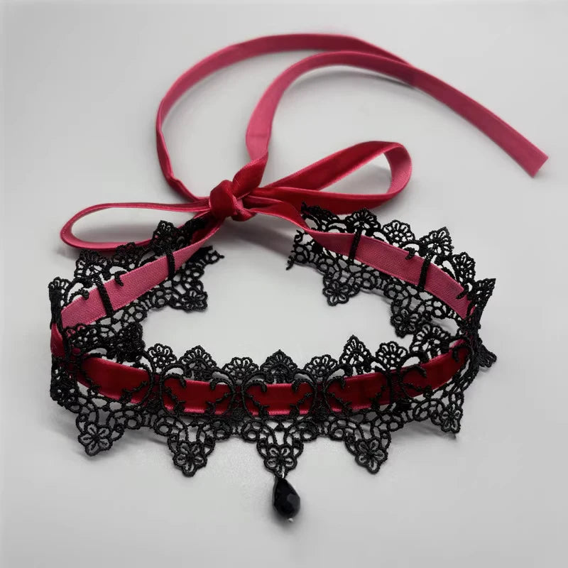 Sexy Hollow Neck Accessory Burgundy Dark Gothic Punk Lace Velvet Lace Collar Choker Lace Strap Collarbone Chain Party Accessory