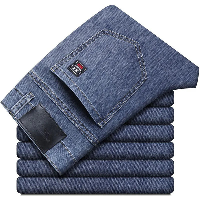 Men's Elastic Stretch Straight Denim Jeans — Lightweight Business Casual Cotton Blend | Spring Summer | 5 Colors | Waist 28–40