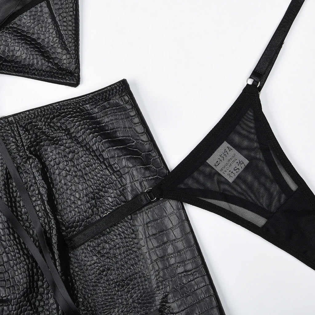 Faux Leather 2-Piece Mini Skirt Set | Lace-Up Cross Bra Top