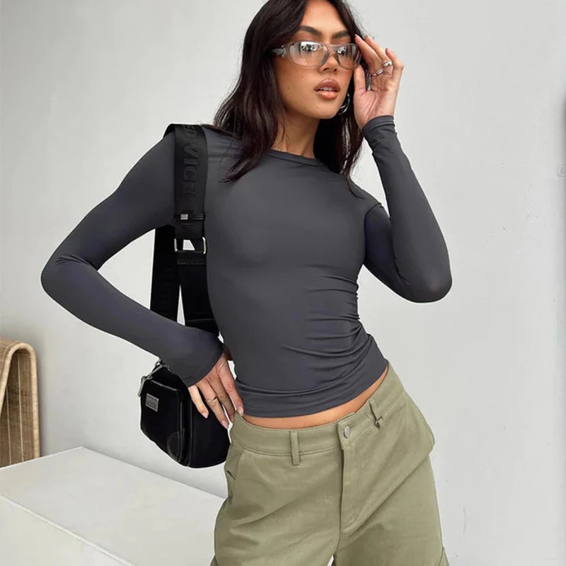Women's Long Sleeve Slim Fit T-Shirt – Soft Stretch Casual Pullover Top