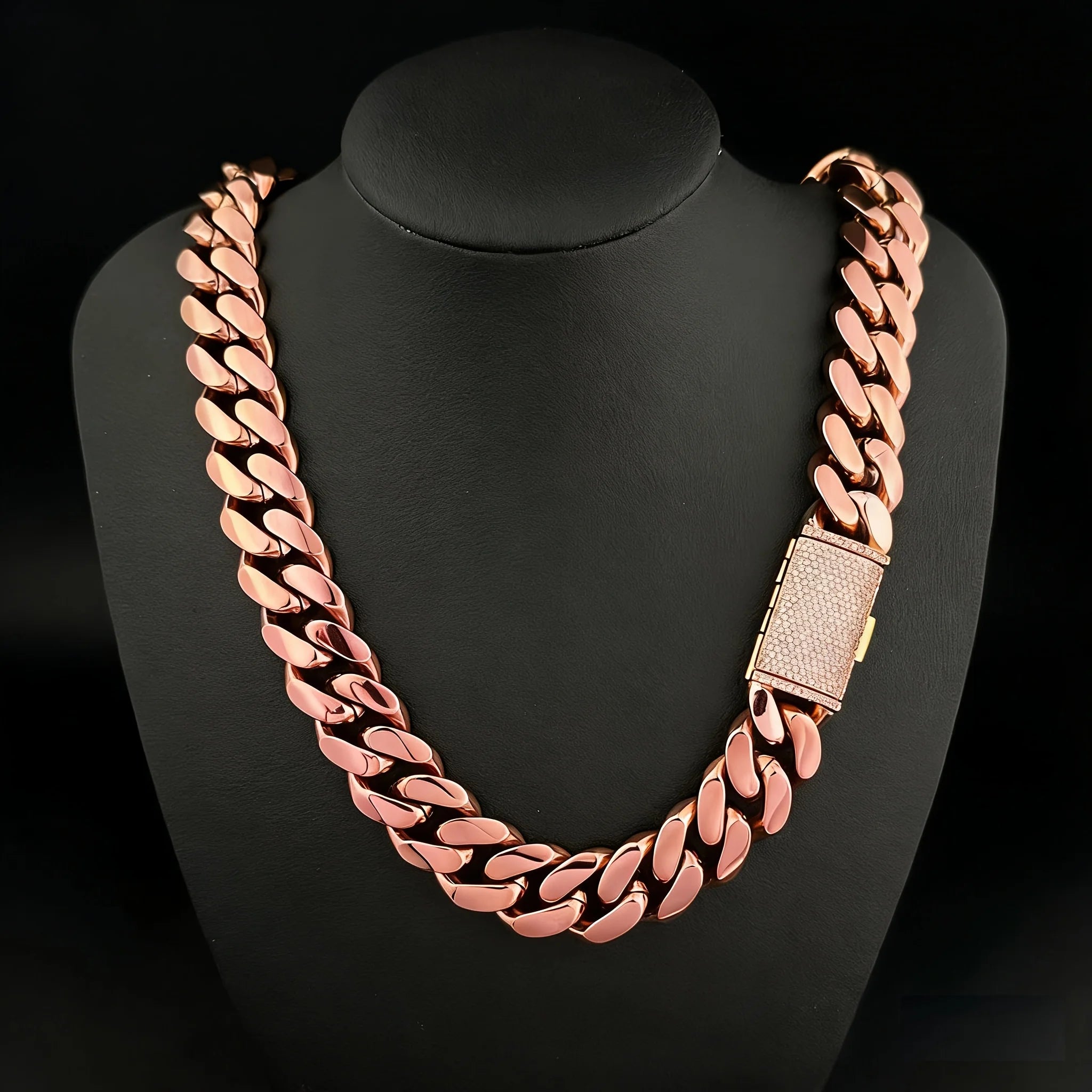 8-22mm Rose Gold  316L Stainless Steel  Cuban Miami Link Chain Iced Out CZ Box Clasp Necklace Fashion Hip Hop Unisex Jewelry