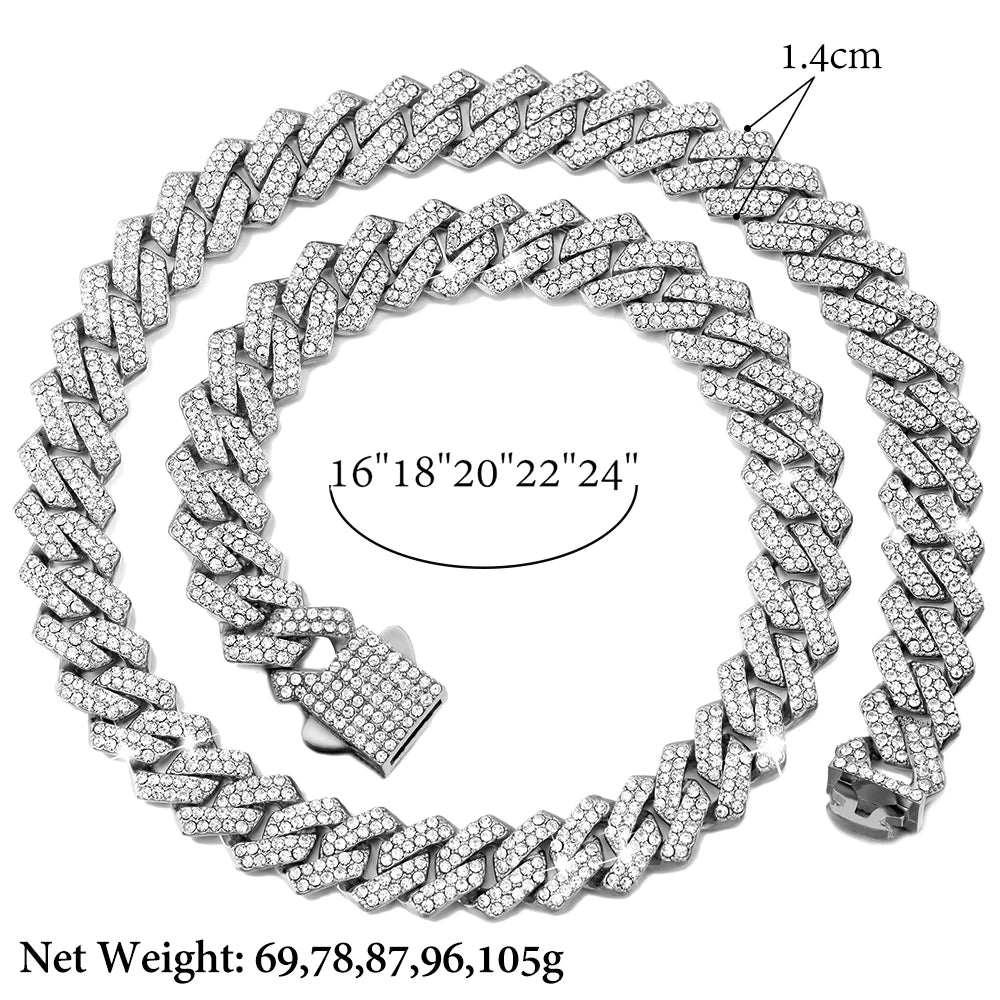 14mm Iced Out Cuban Link Chain — Prong-Set Choker & Bracelet, Gold or Silver Tone | Unisex