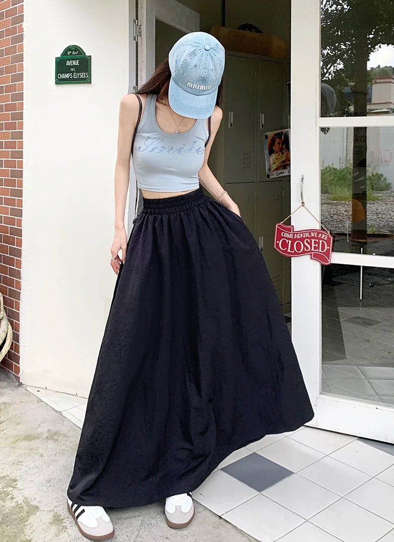 Chic Women Pockets A-Line Long Skirts Ladies Casual Loose Elastic High Waist Midi Skirt 2024 Spring Summer