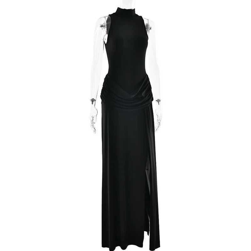Turtleneck Off-Shoulder Thigh-Split Maxi Dress