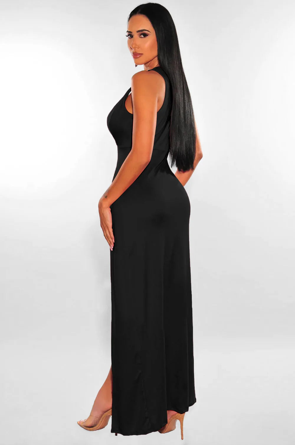 Sleeveless V-Neck Midi Dress – Slim-Fit A-Line Silhouette