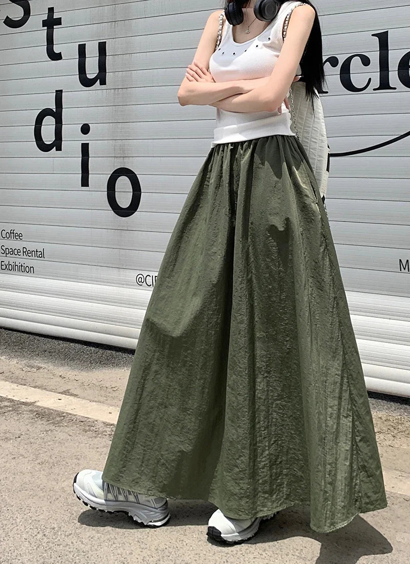 Chic Women Pockets A-Line Long Skirts Ladies Casual Loose Elastic High Waist Midi Skirt 2024 Spring Summer