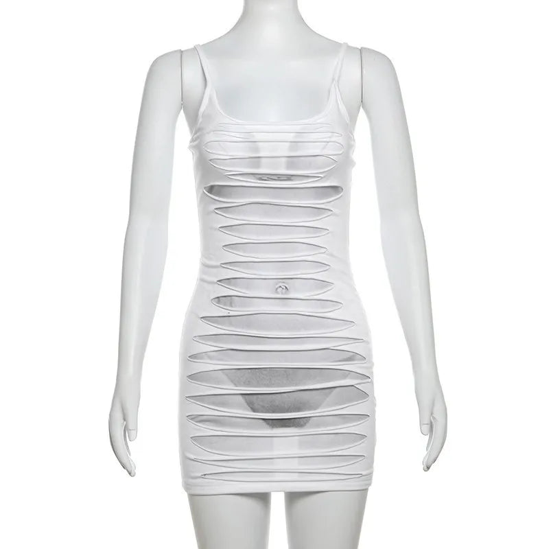 SylCue Sexy Hollow Mini Dresses Swomen Sling Off Sleeves Sexy Backless Skinny Wrap Buttocks Personality Niche Design Outfits