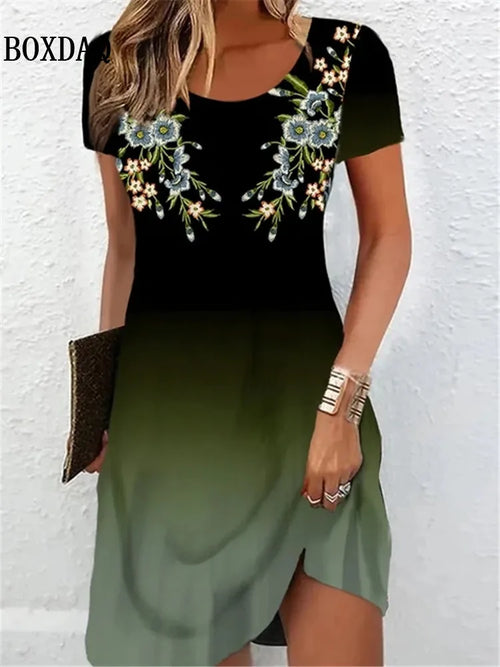 BOXDAQ Plus Size Gradient Flower Print Dress — Short Sleeve O-Neck A-Line | Casual Elegant | 4 Prints | S–6XL