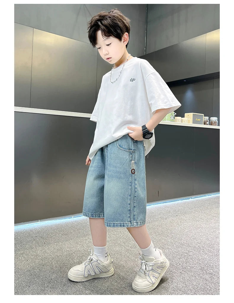 Boys Denim Shorts Teen Boys Casual Knee-Length Jeans Teenage Child Blue Denim With Y2K Fashion Style Trousers Toddler Ages 4-14Y
