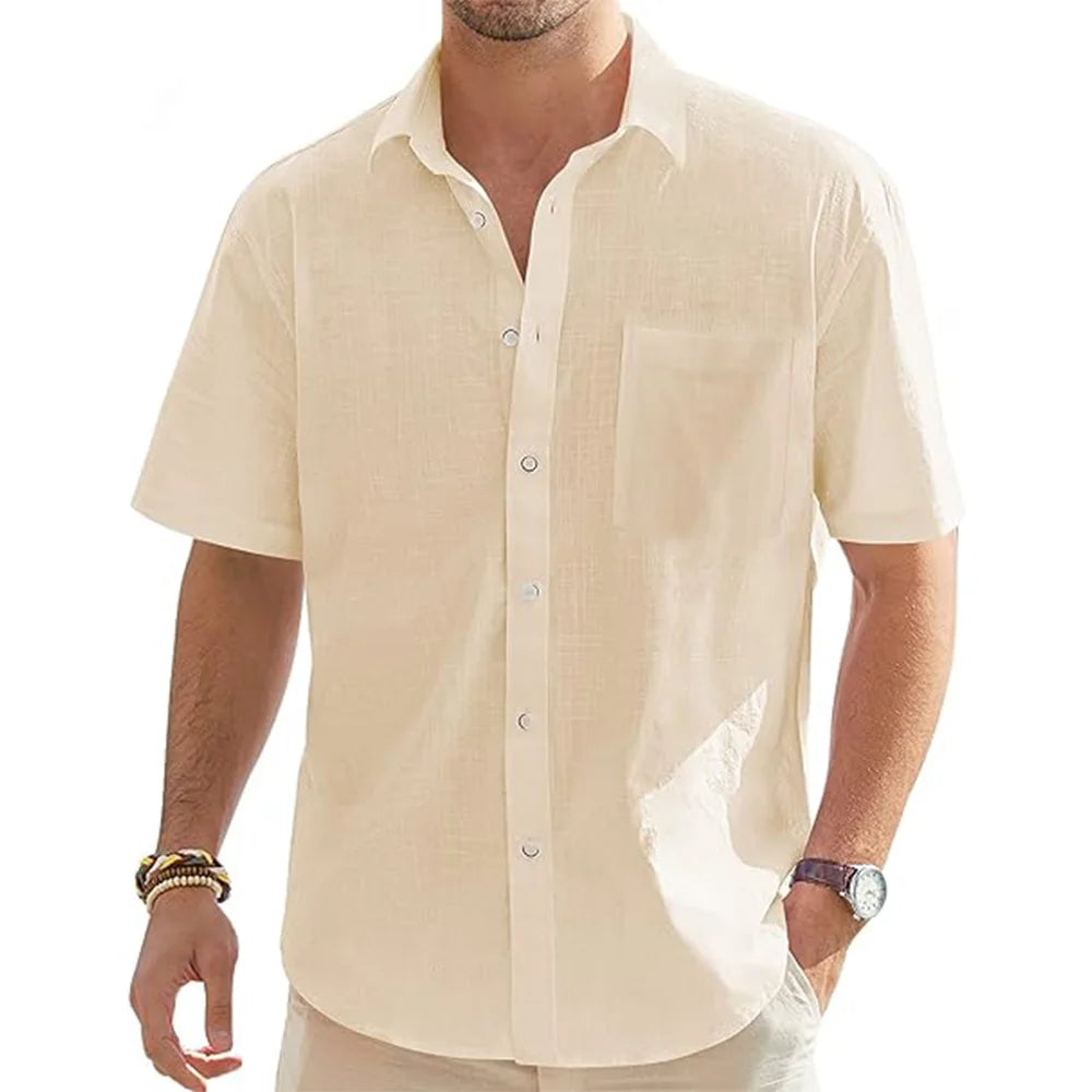 Men's Cotton Linen Short Sleeve Shirts Casual Lightweight Button Shirts Vacation Beach Summer Tops with Pocket