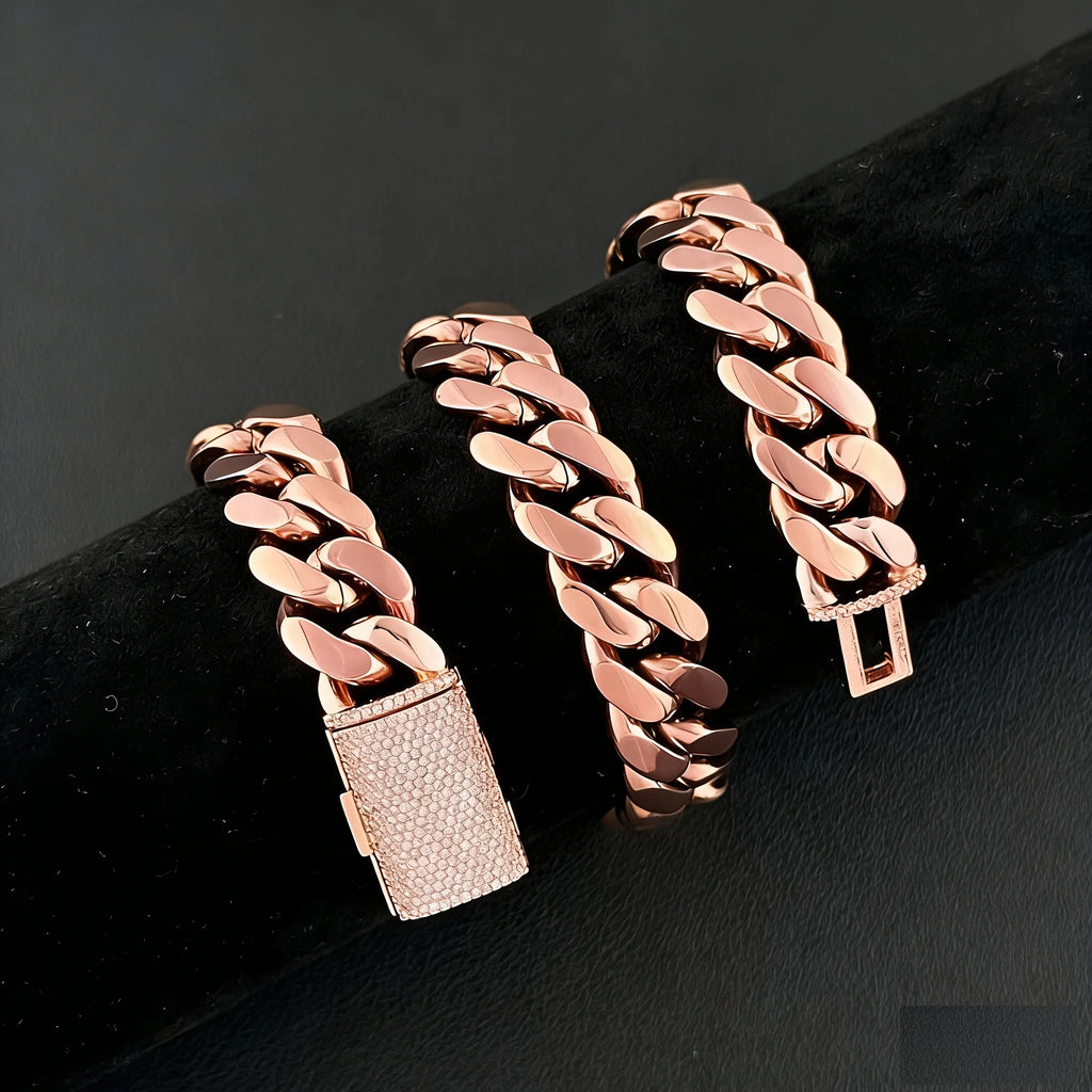8-22mm Rose Gold  316L Stainless Steel  Cuban Miami Link Chain Iced Out CZ Box Clasp Necklace Fashion Hip Hop Unisex Jewelry