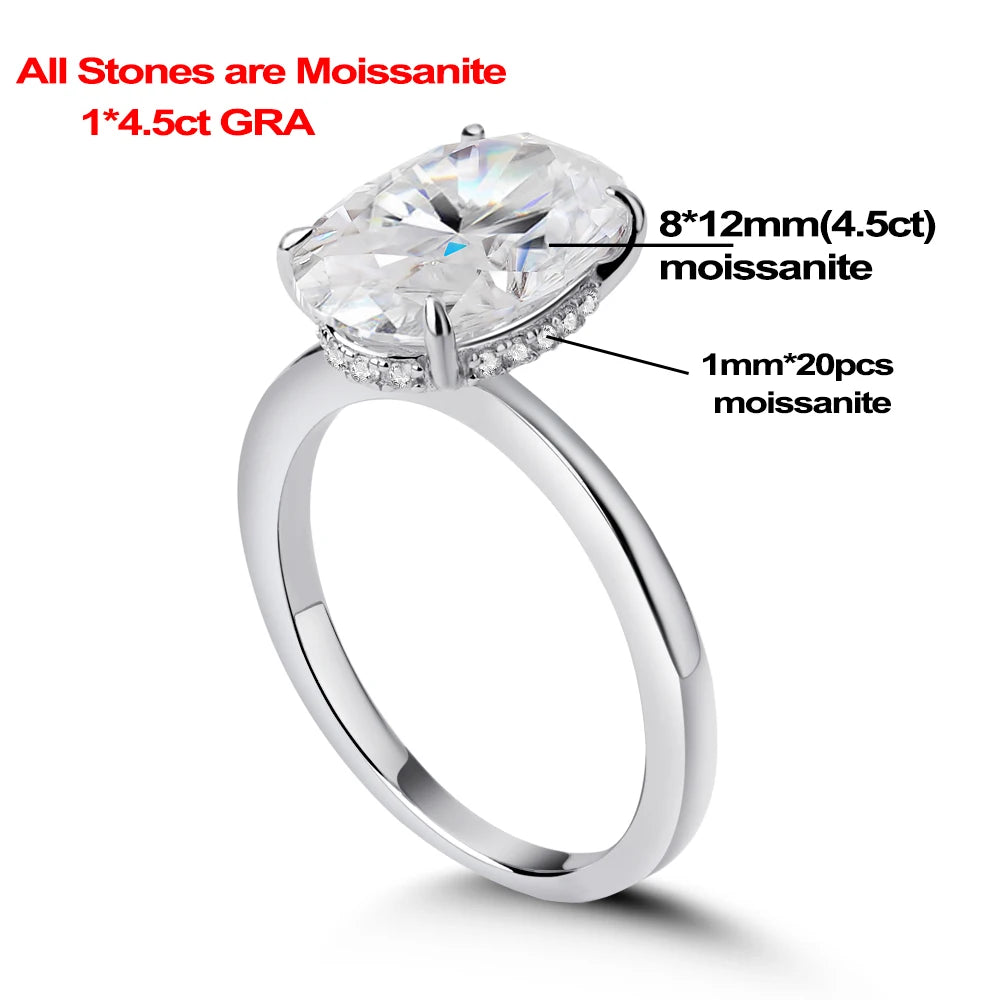 4.5CT Oval Cut Full Moissanite Rings for Women Sparkling Diamond S925 Sterling Silver Plated 18K Wedding Band Jewelry With GRA