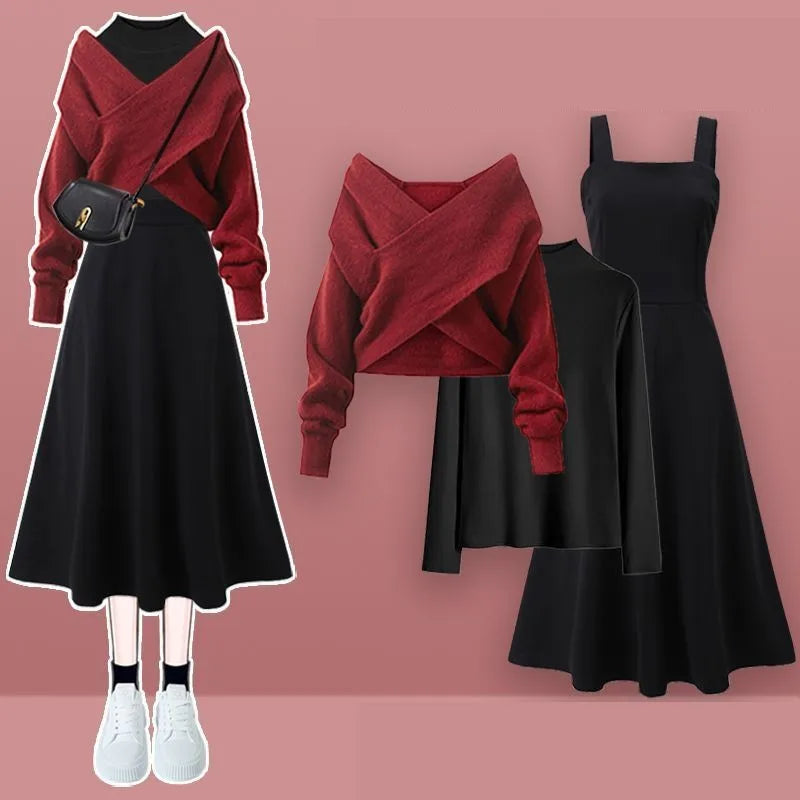 2025 Female Elegant Winter New Cross Knitted Sweater+Bottom Shirt+Black Strap Dress 3-Piece Suit Women Chic Hoodie Matching Set