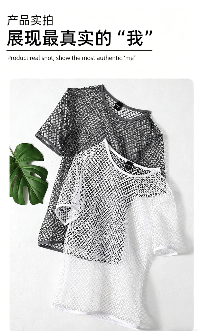 Mens Mesh See Through T Shirt Ice Cool Breathable Fishnet Hollow Out Short Sleeve