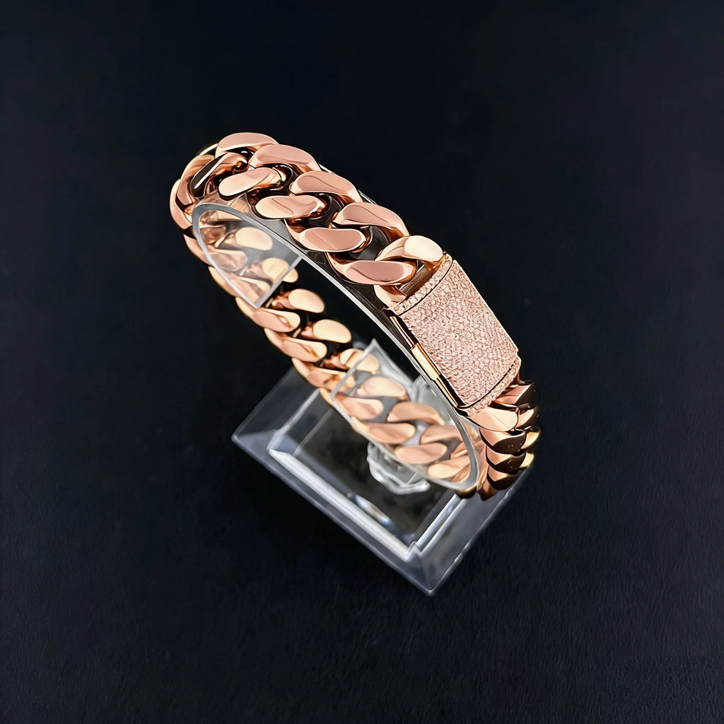 8-22mm Rose Gold  316L Stainless Steel  Cuban Miami Link Chain Iced Out CZ Box Clasp Necklace Fashion Hip Hop Unisex Jewelry