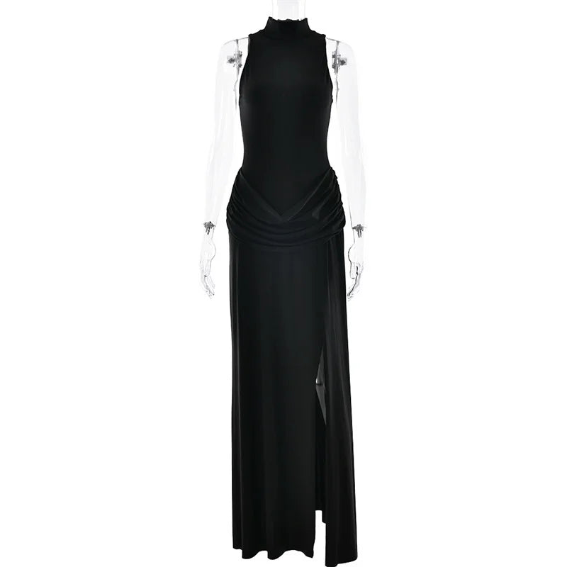 Turtleneck Off-Shoulder Thigh-Split Maxi Dress