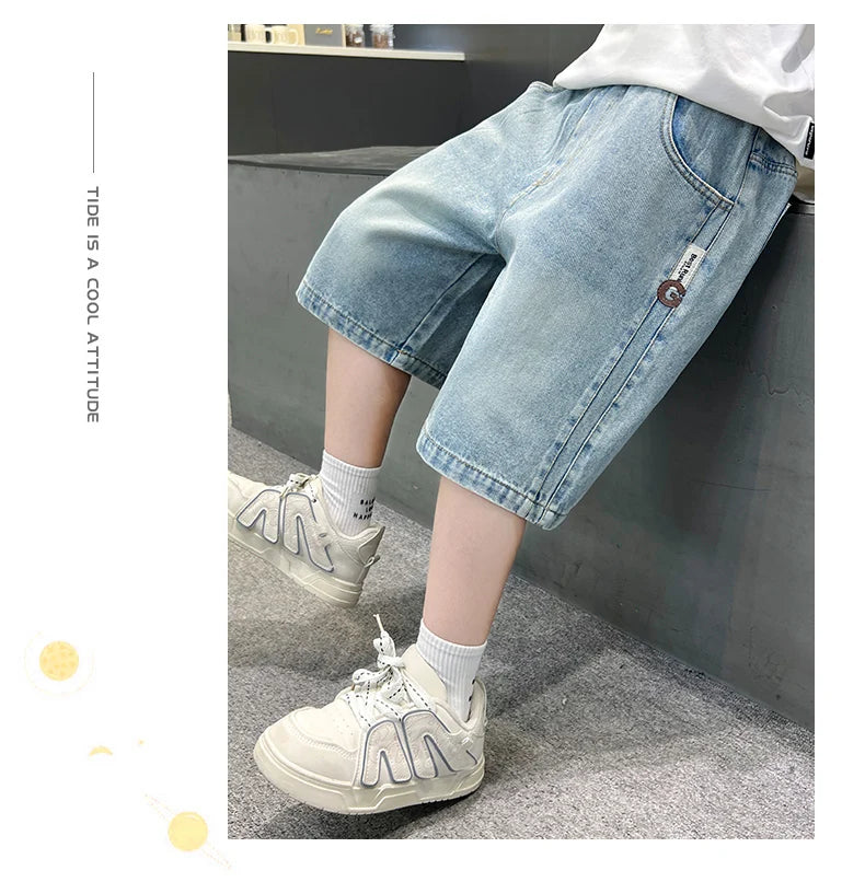 Boys Denim Shorts Teen Boys Casual Knee-Length Jeans Teenage Child Blue Denim With Y2K Fashion Style Trousers Toddler Ages 4-14Y