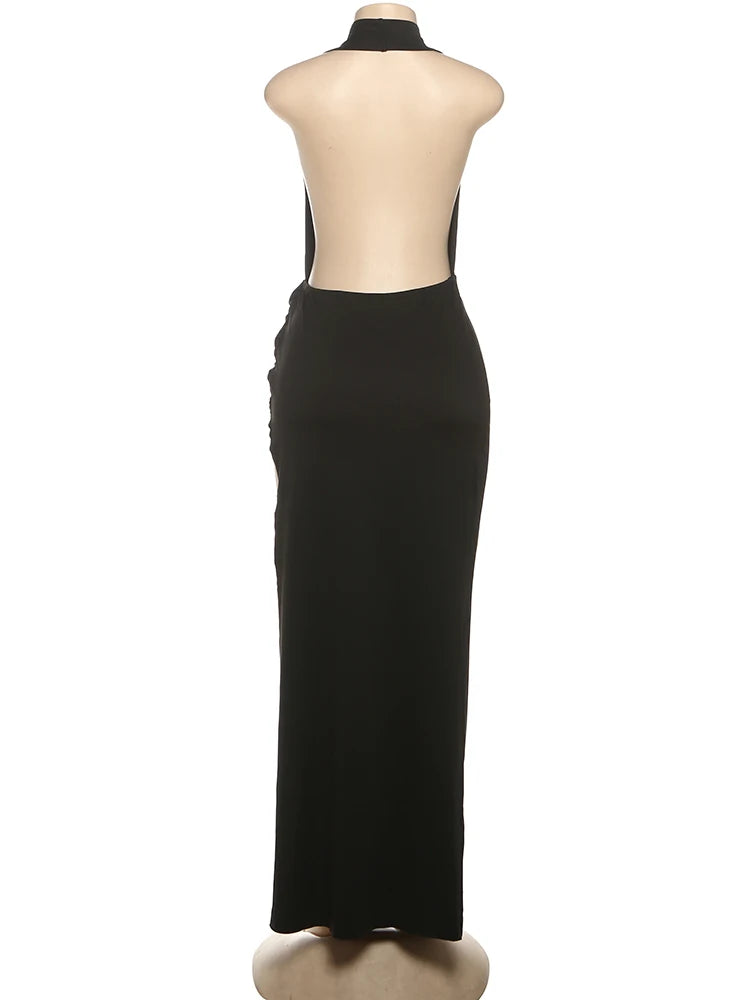 Halter Deep V Ruched High-Split Maxi Dress