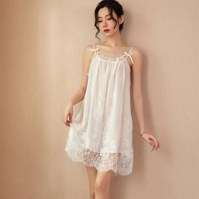 Women's Lace Trim Sling Nightdress – Sleeveless Satin-Feel Sleepwear Mini Dress