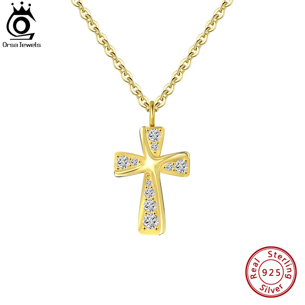 ORSA JEWELS New Design 14K Gold Cross CZ Pendant luxury Women's 925 Sterling Silver 4A Zircon Necklace Anniversary Jewelry SN332