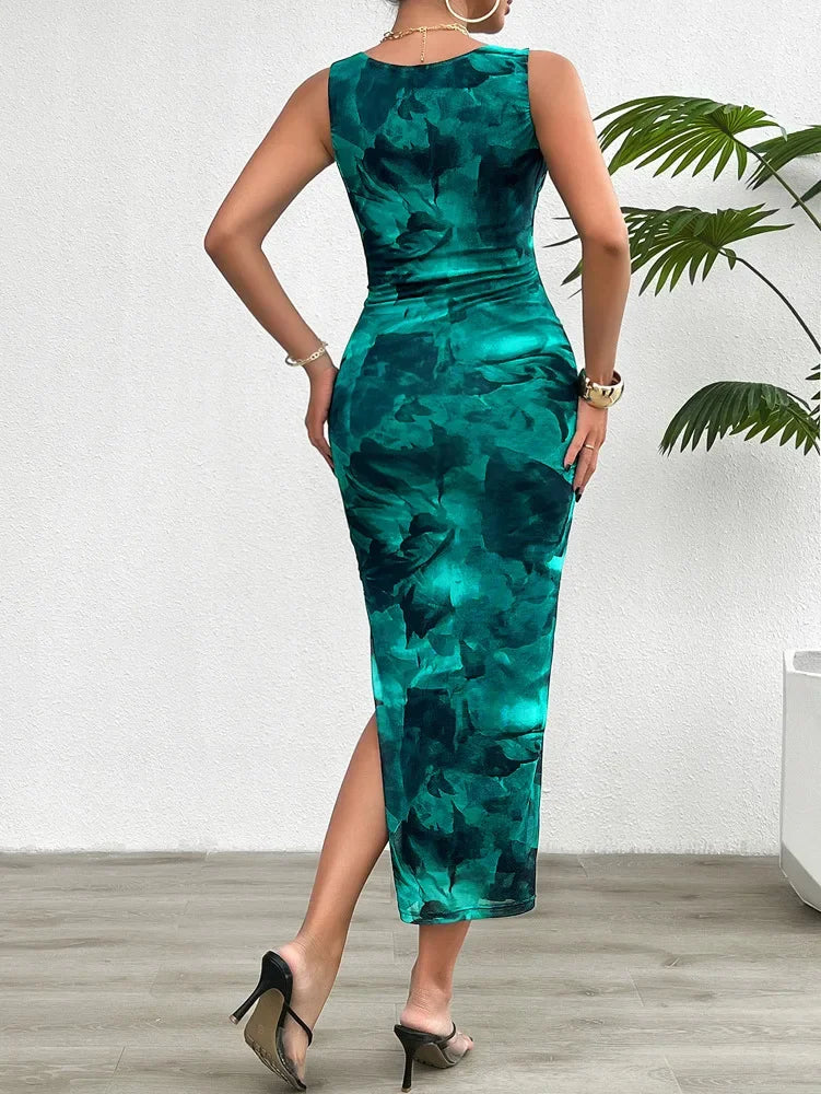 Women's 2024 Spring Summer New Fashionable Printed Round Neck Style Slimming Sleeveless Tight Dress With Split Bottom