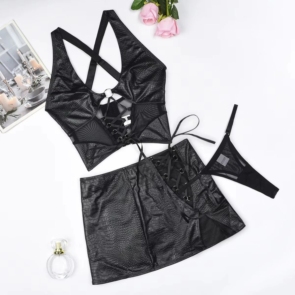 Faux Leather 2-Piece Mini Skirt Set | Lace-Up Cross Bra Top