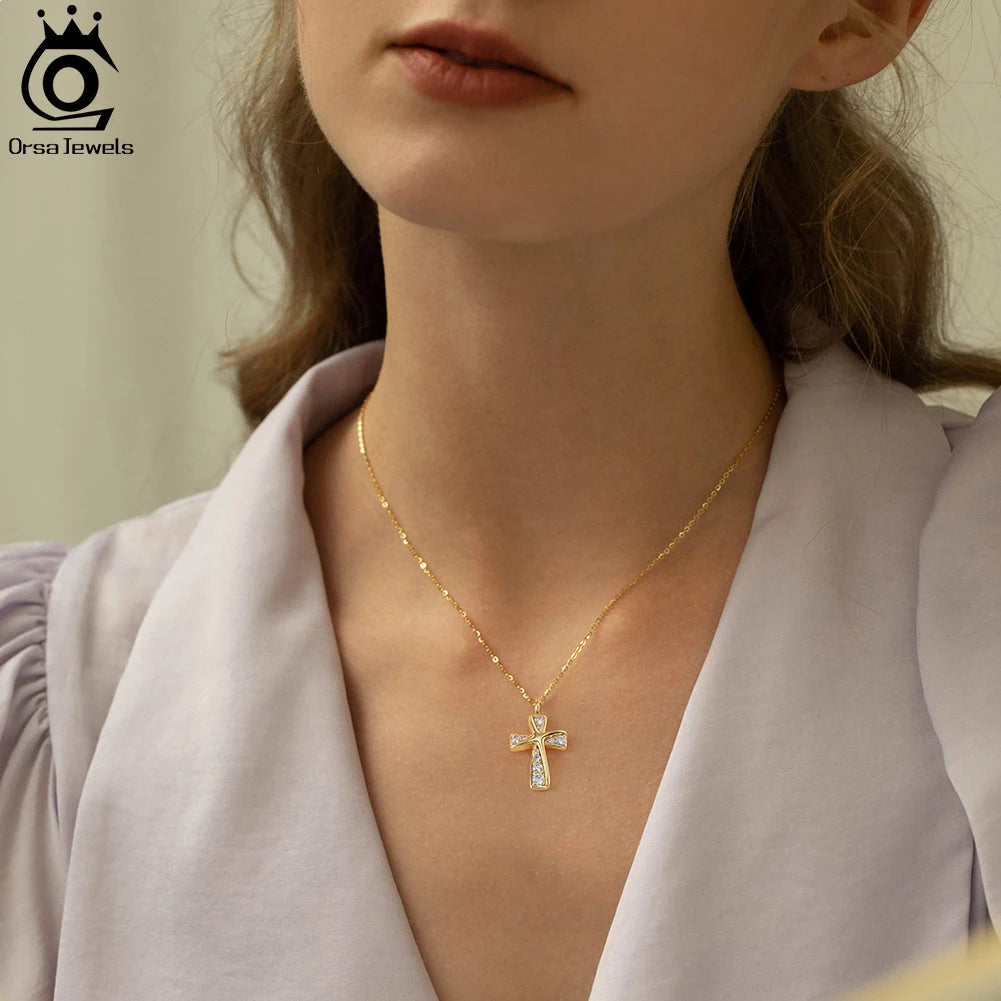 ORSA JEWELS New Design 14K Gold Cross CZ Pendant luxury Women's 925 Sterling Silver 4A Zircon Necklace Anniversary Jewelry SN332