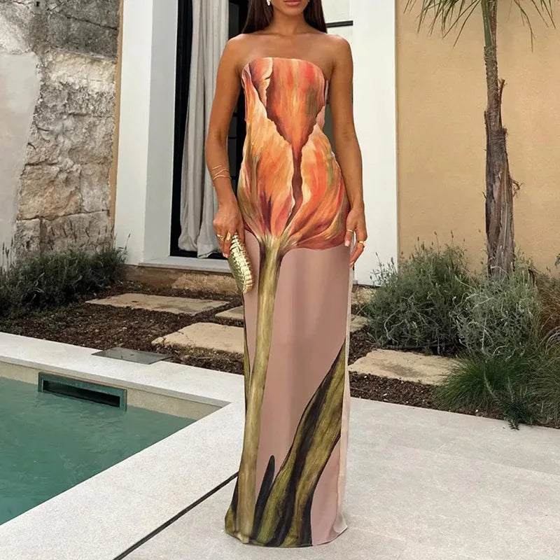 Strapless Backless Printed Maxi Dress — Off-Shoulder Sleeveless | Party Evening | Women's S–XL
