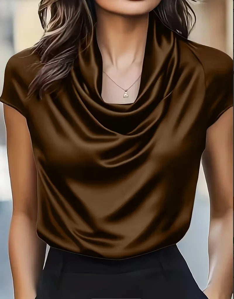Women Cowl Neck Short Sleeve Satin Blouse Elegant Slim Fit Office Top for Work Evening Party