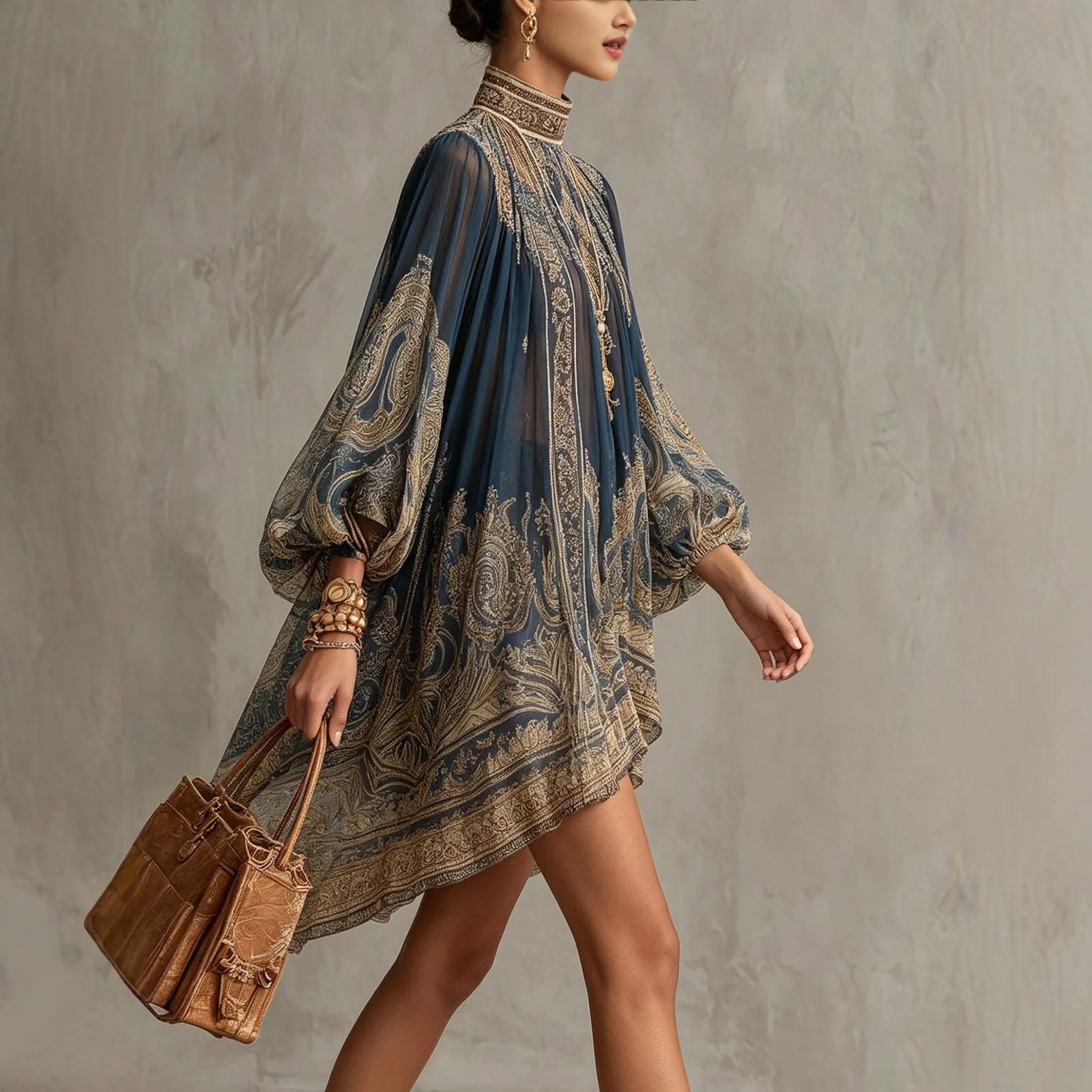 2026 hot  European and American turtleneck printed chiffon dress loose vacation style shawl long-sleeved women's dress