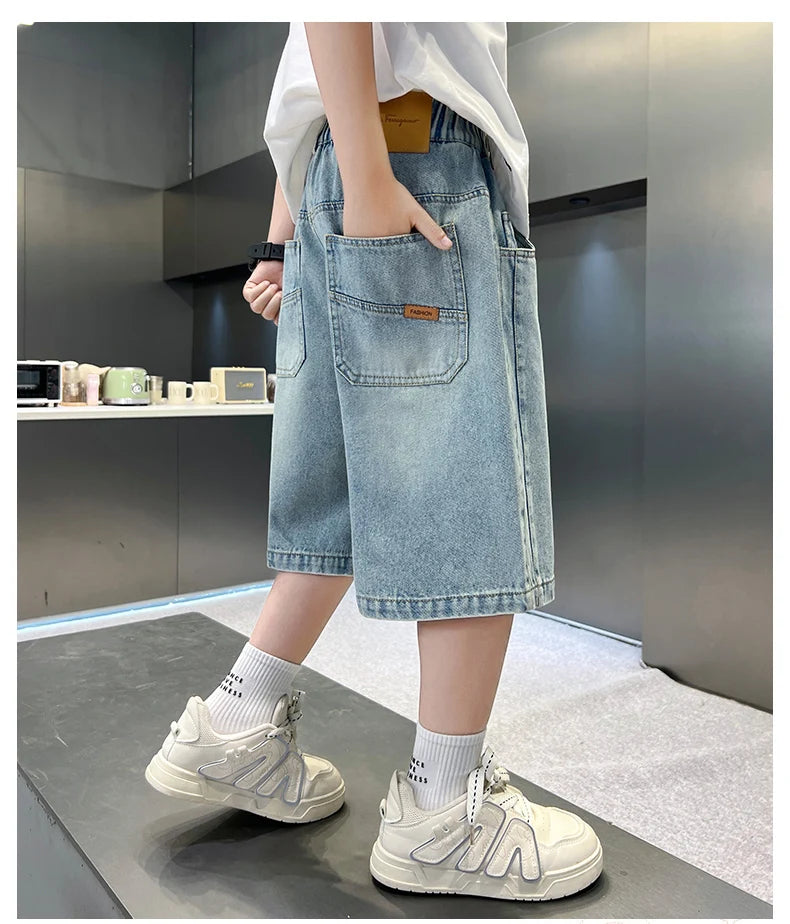 Boys Denim Shorts Teen Boys Casual Knee-Length Jeans Teenage Child Blue Denim With Y2K Fashion Style Trousers Toddler Ages 4-14Y