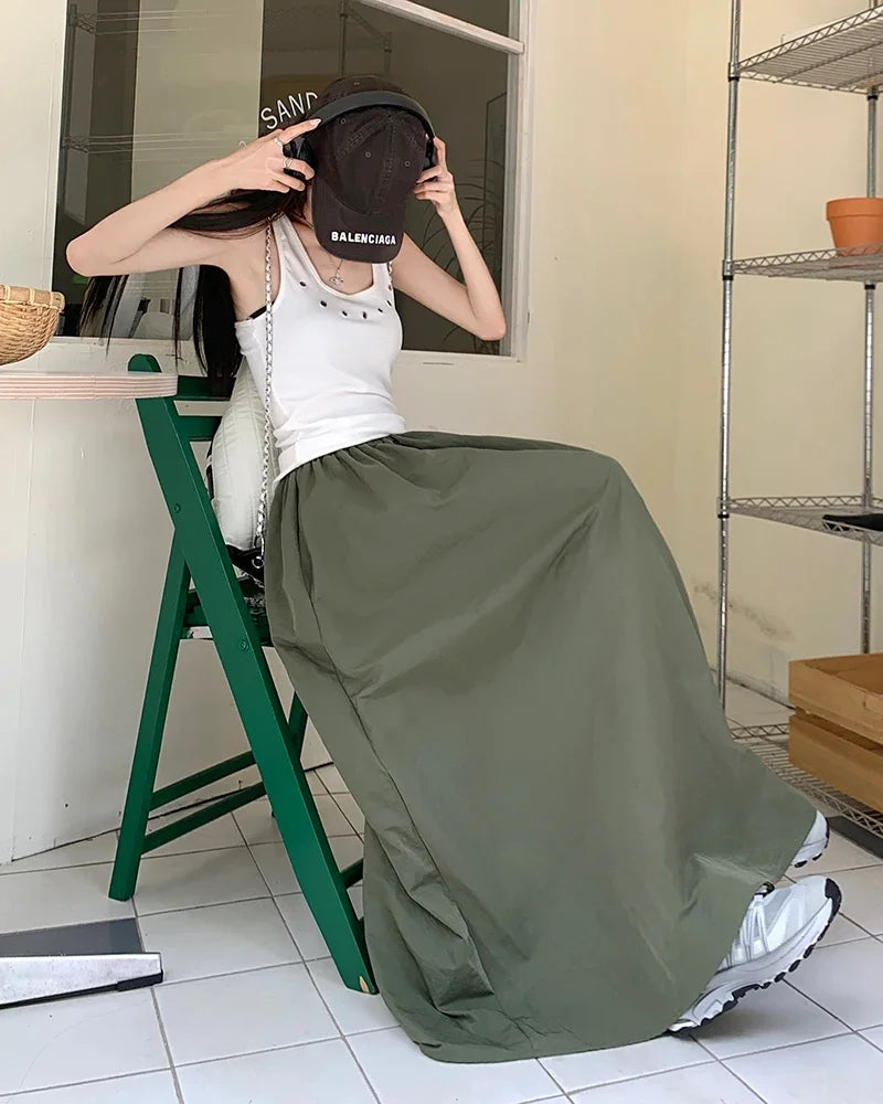 Chic Women Pockets A-Line Long Skirts Ladies Casual Loose Elastic High Waist Midi Skirt 2024 Spring Summer