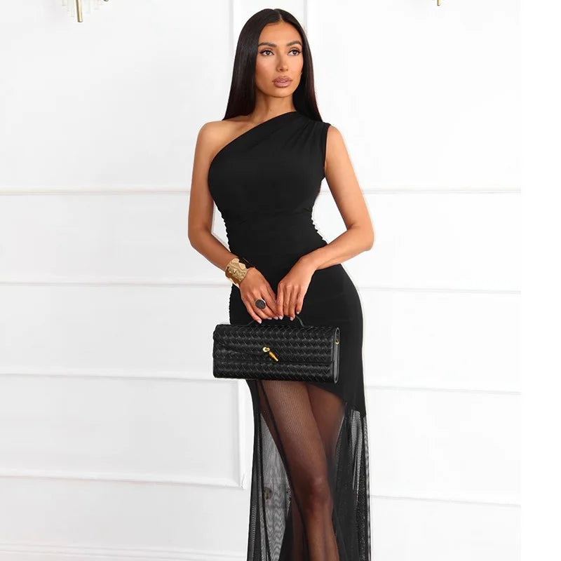 Off-Shoulder Sheer Backless Floor-Length Dress