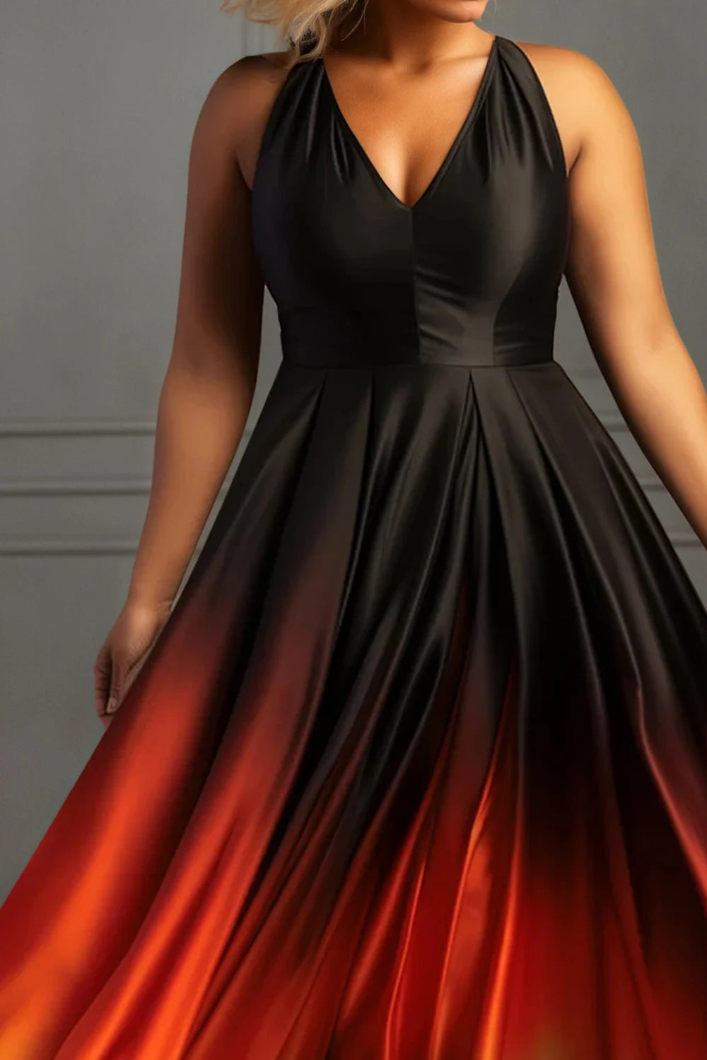 Plus Size Gradient Elegant Evening Dress for Women V Neck Pocket Satin Wedding Sundress Cocktail Wedding Guest Maxi Dresses