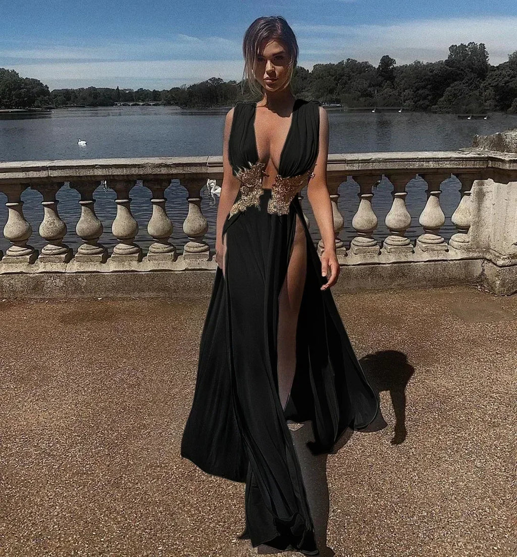 Floral Applique Maxi Dress | High-Split Sleeveless Party Gown