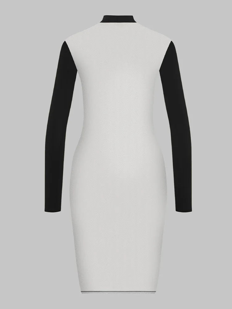 Summer Slim Fit Midi Dress Women Sexy Sheer Mesh Insert Long Sleeve High Neck Black Bodycon Party Dress