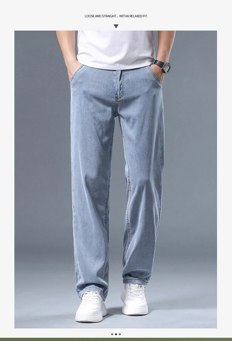 Summer Ultra-thin Men's Jeans Lyocell Soft Breathable Loose Straight Light Blue Denim Pants Business Casual Ice Silk Trousers