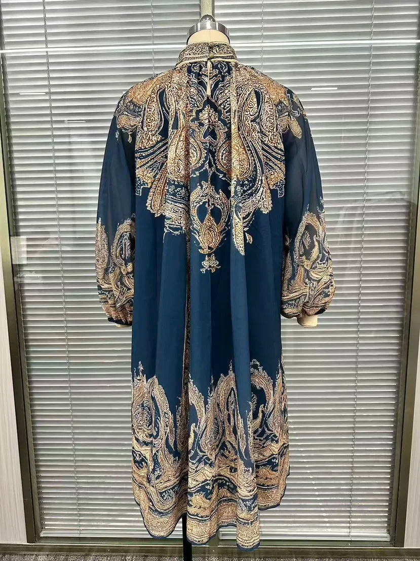 2026 hot  European and American turtleneck printed chiffon dress loose vacation style shawl long-sleeved women's dress