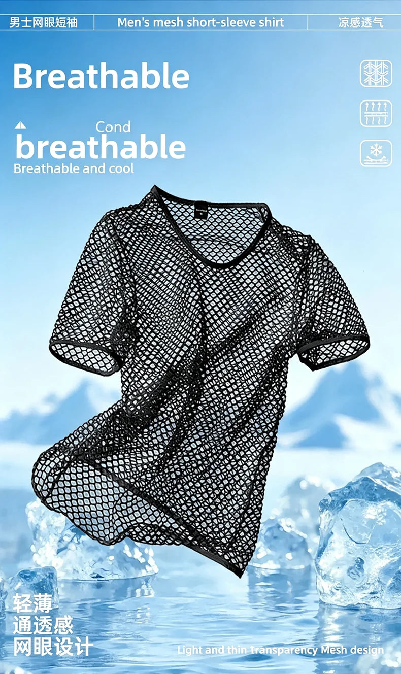Mens Mesh See Through T Shirt Ice Cool Breathable Fishnet Hollow Out Short Sleeve