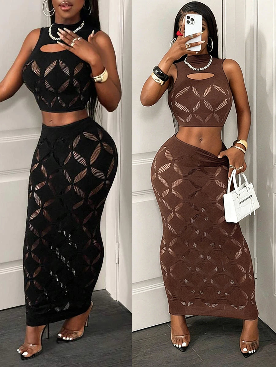 Sheer Mesh Crop Top & Bodycon Mini Skirt Set