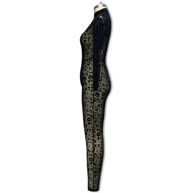 Y2k Hot Girl New Long Sleeve Bodycon Leopard Print Women Jumpsuit Sexy Sheer Mesh Bodysuits Catsuit Party Clubwear